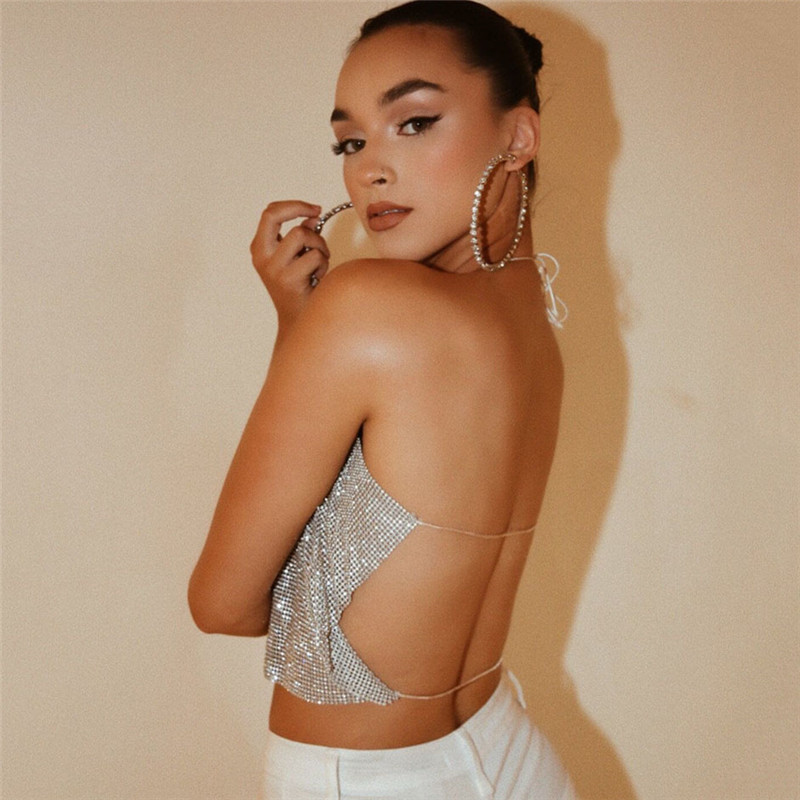 Women Sexy Crop Top Backless Bling Metallic Sequin Shiny Gold Tank Top Vest Rhinestone Night Club Party Chain Camisole T200728
