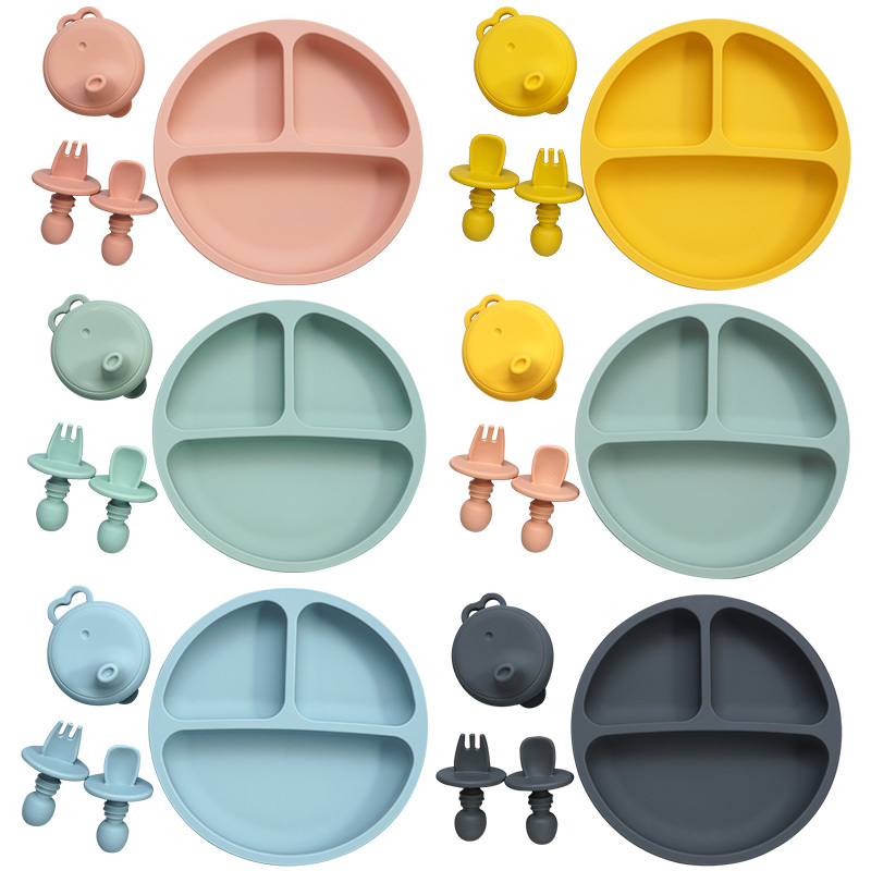 Baby Accessories Toddler Feeding Silicone Dinner Plate Waterproof Soft Infant Fork Spoon With Portable Kids Silicone Cup Cover LJ201221