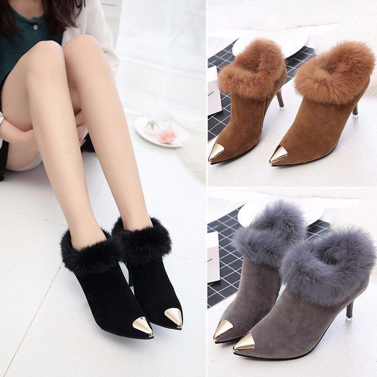 Women's Winter 2020 New Fur Boots Women's Fine with High-heeled Boots Pointed Bare Were Thin, Gray