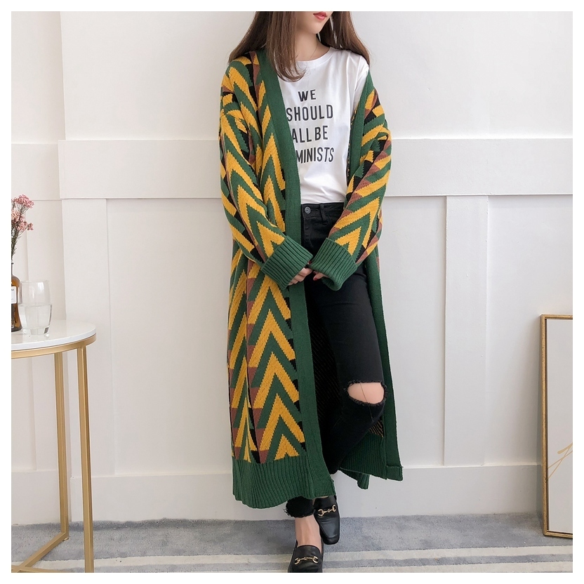 HSA Women Autumn Sweater Jacket Geometric Knit Cardigans Long Overcoat Winter Coat Woman 201203