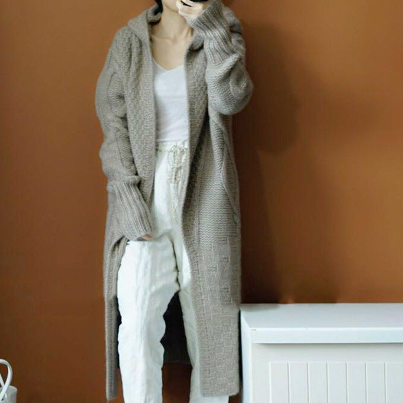 Lucyever Fashion Korean Twist Knitted Long Cardigans Women Loose Hooded Sweater Coat Woman Solid Casual Open Stitch Coats Mujer 201030