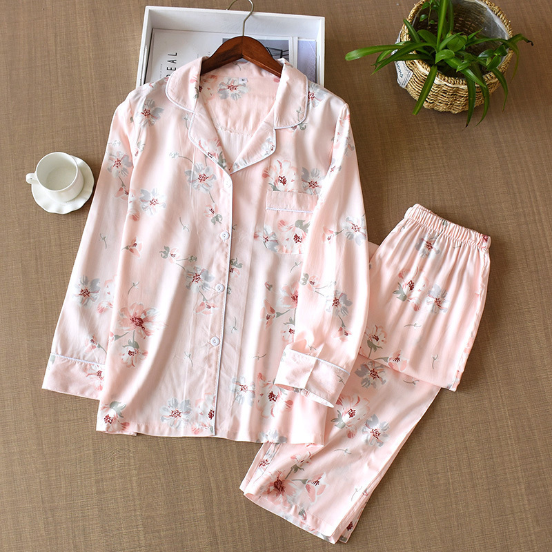Women's Summer Cotton Longsleeved Trousers Night Suit Fresh Big Flower Sleepwear Cotton Comfortable and Breathable Pajamas Suit T200429