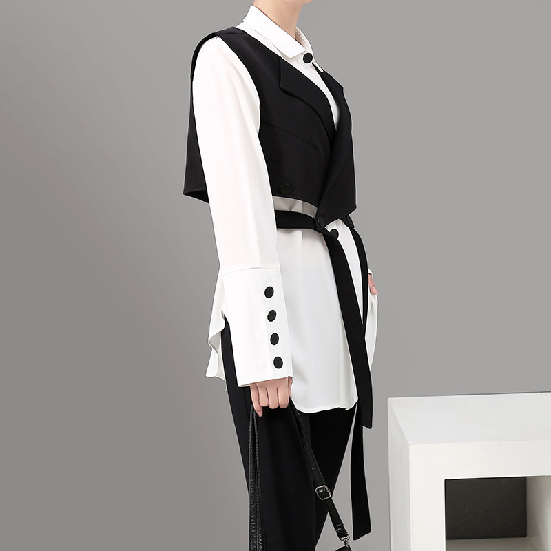 [EAM] Women Two Piece Blouse Strap Black Button New Lapel Long Sleeve Loose Fit Shirt Fashion Tide Spring Autumn LJ200922