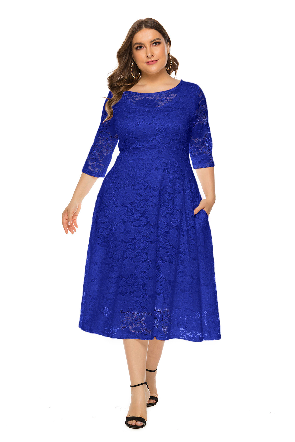 Plus Size Soft Lace Evening Dress Bridal Shower With Pockets Stretchy Comfortable Civil Ceremony Back Yard Weddings Bridesmaid Dresses Knee Length Lon