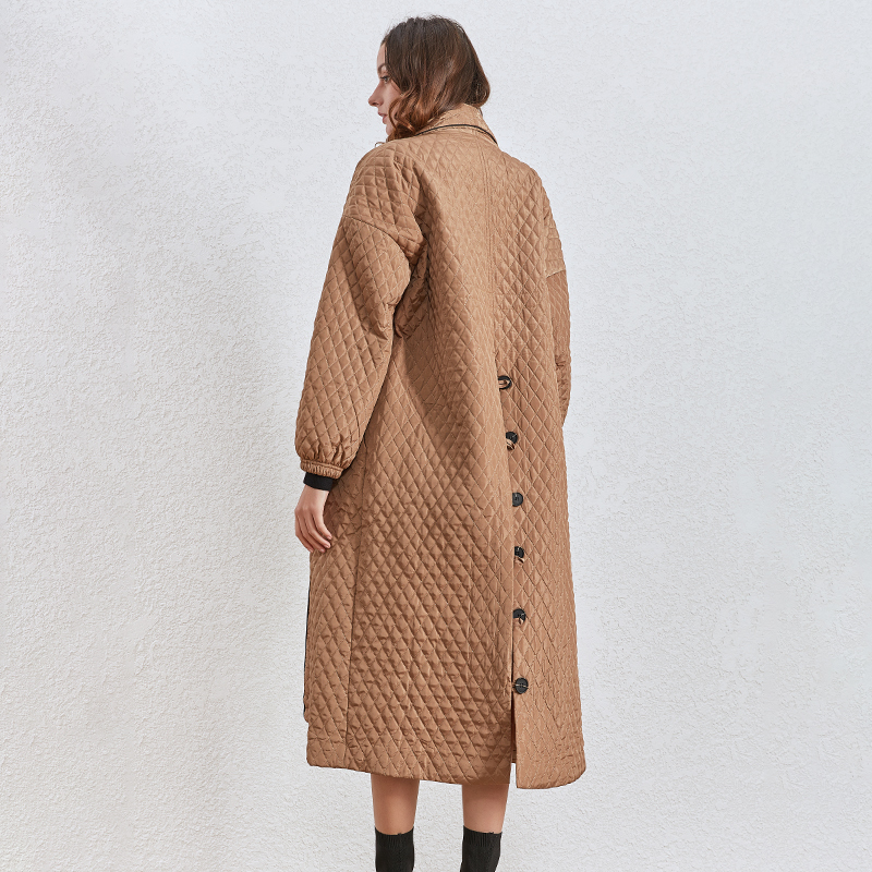 CHICEVER Korean Plaid Cotton Coat For Women Lapel Collar Lantern Sleeve Oversize Loose Casual Long Female Parkas Winter 201214