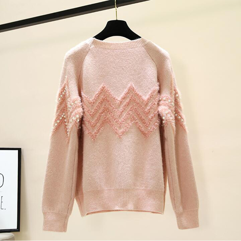 SURMIITRO Pearl Beading Knitted Sweater Women Autumn Winter Korean Long Sleeve Jumper Pullover Female Pink Loose Knitwear 201225