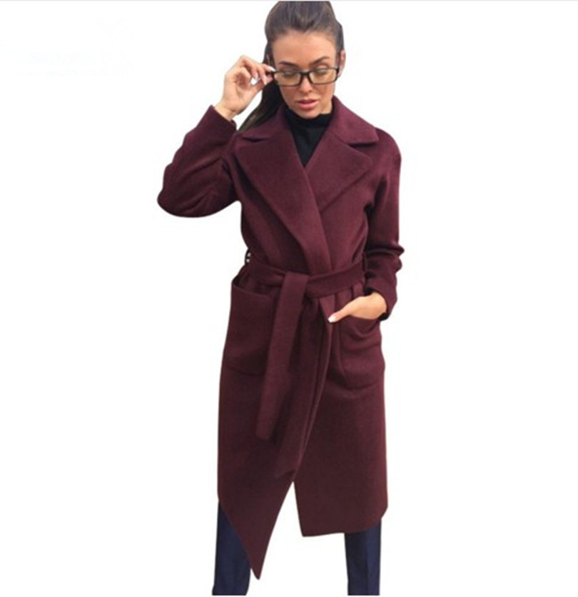 Women's Wool-Blend Parka Jackets With Pockets & Belt In Brown Coffee, Black, Pink
