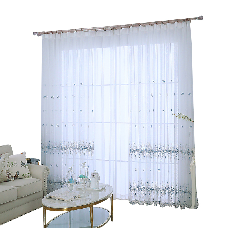 White Korean Embroidered Tulle Curtain for Living Room Blue Sheer Curtain For Bedroom Window Drapes &40 LJ201224