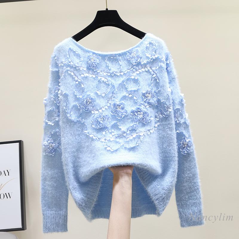 

Beaded Flower Sweater for Women 2020 Autumn and Winter New Korean Style Three-Dimensional Petals Loose Mohair Knitwear Top, Pink