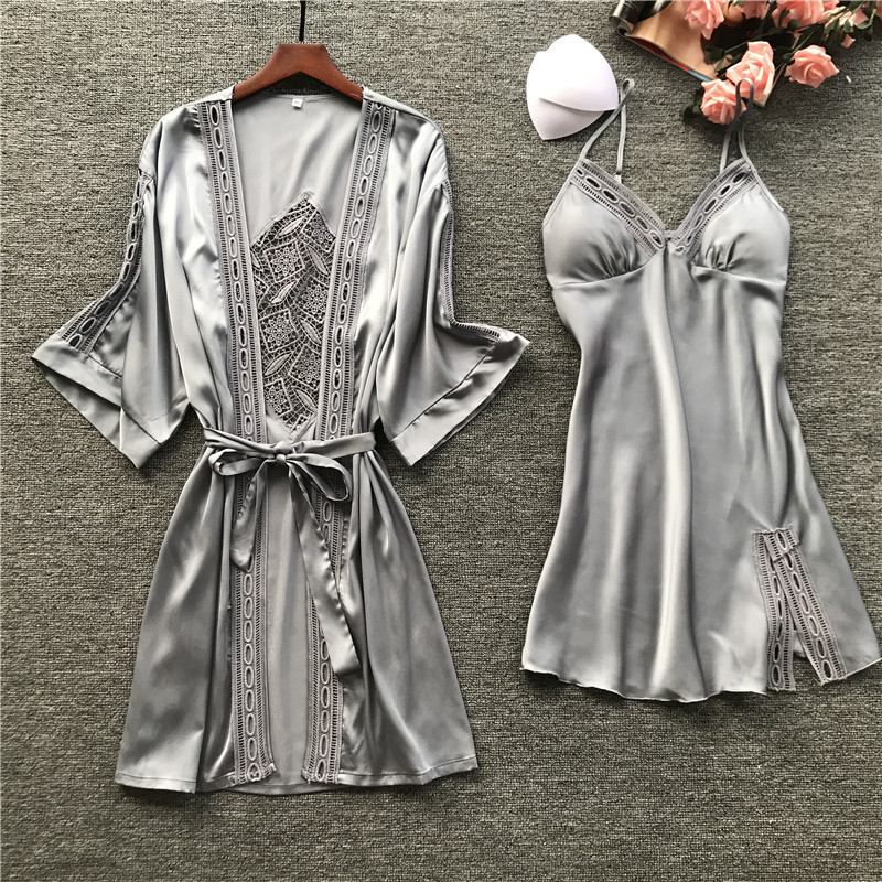 Sleep Lounge Pijamas Bathrobe Women Robe Gown Long Sleeve Ladies Nightwear Sets Sexy Lace Night Dress With Chest Pads 210203