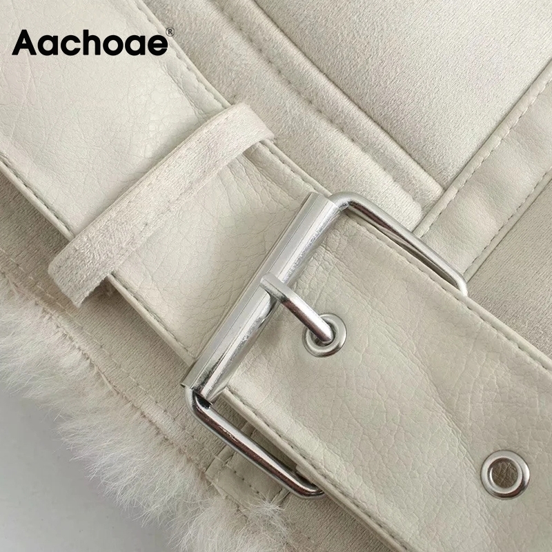 Aachoae Winter Streetwear Fur Faux Leather Jacket Women Fashion Thick Warm Coat Female Zipper Up Sashes Jackets Coats 201017