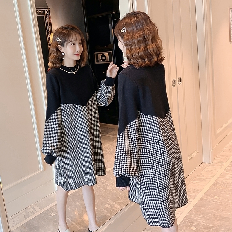 Autumn Patchwork Maternity Nursing Dress Long Sleeve Loose Breastfeeding Clothes for Pregnant Women Houndstooth Pregnancy LJ201124