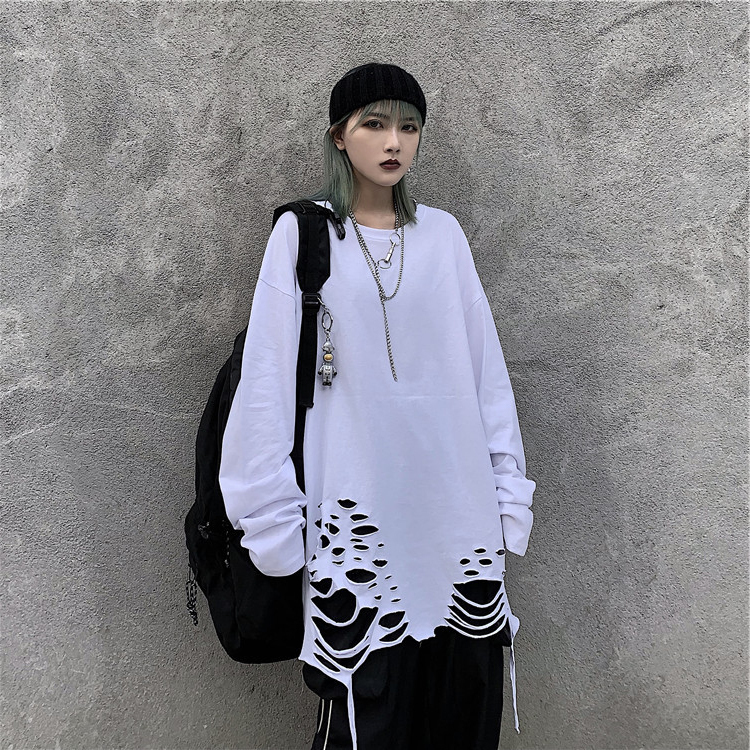 Women vintage punk long sleeve t shirt black white ripped hole tops ladies harajuku hip hop oversized tee shirts 201028