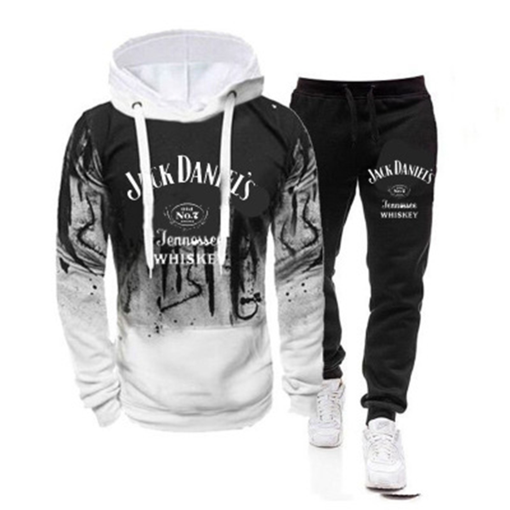 2021 autumn and winter long-sleeved trousers jacket trend hooded sports casual printed suit men