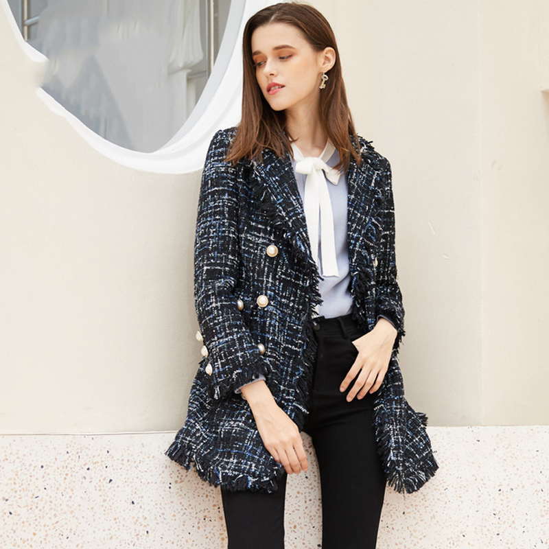 Dark blue tweed coat Medium-long one-piece Autumn/winter women's jacket New Small Fragrance ladies jacket coat 201017