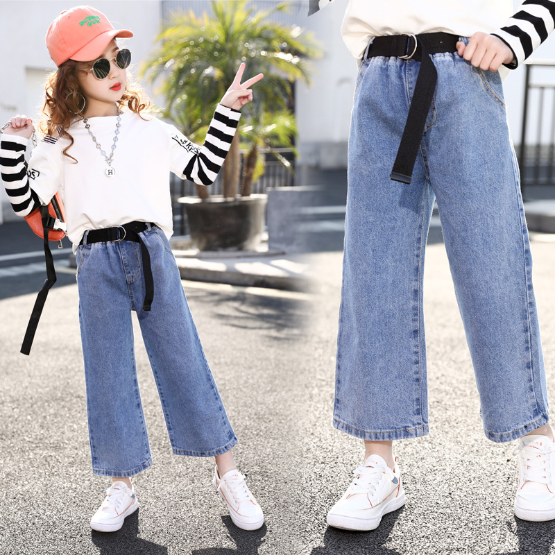 Girls Jeans for Kids Denim Pants Teenage Jeans for Girls Wide Leg Pants 10 12 Year Elastic High Waist Children Trousers Pantalon LJ201203