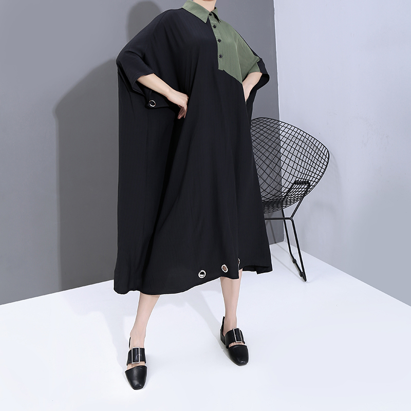 New Women Summer Black Patchwork Long Shirt Dress Plus Size Lapel Metal Ring Holes Lady Unique Casual Dress Robe Femme 6163 T200521