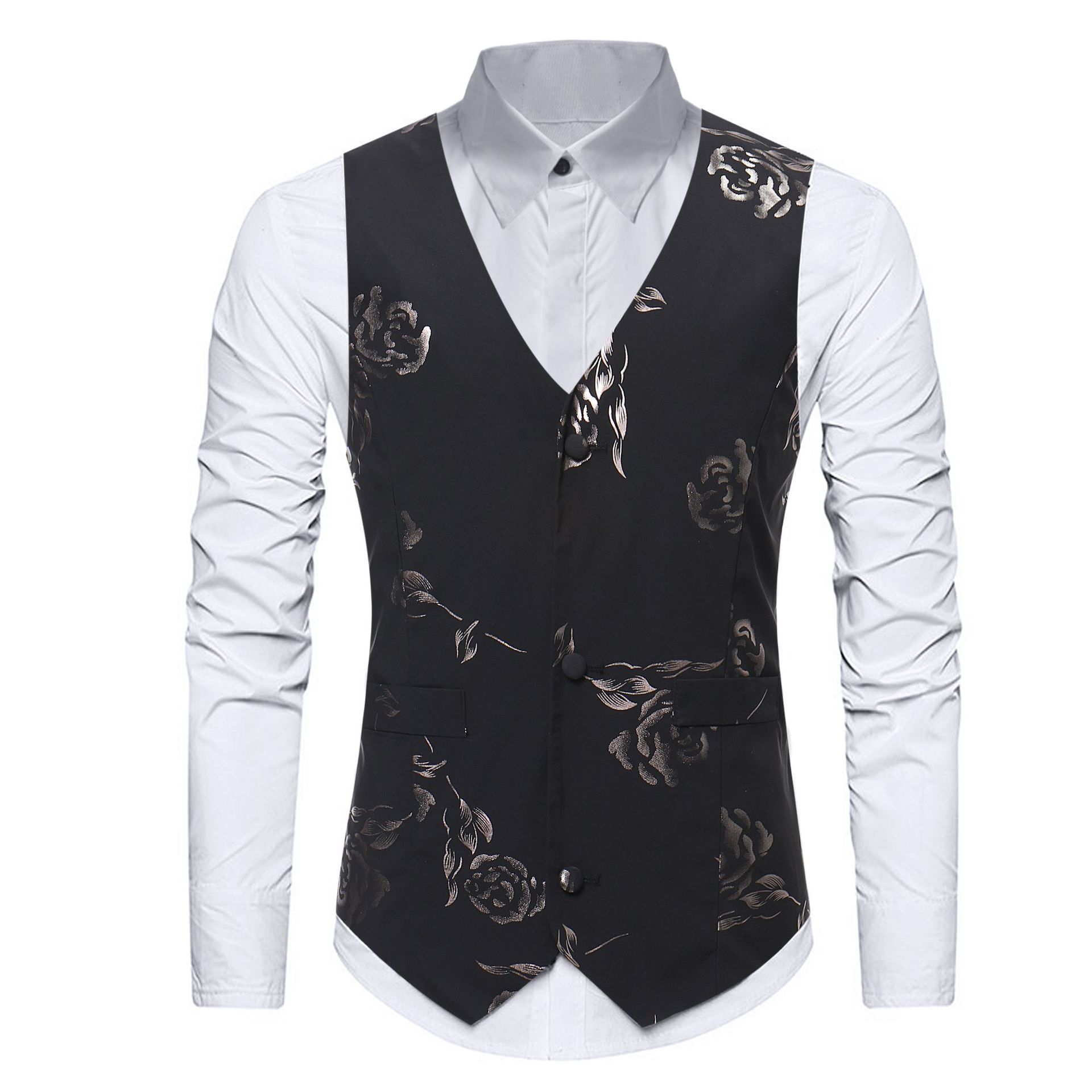 Red Bronzing Rose Floral Print Men Vest Wedding Party Prom Vests for Men Bridegroom Groomsmen Mens Waistcoat Gilet Male 201106
