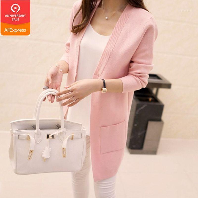 OHCLOTHING 2020 spring and autumn clothing V collar in the long knit coat jacket pocket casual cardigan loose sweater shawl girl1, Rose red