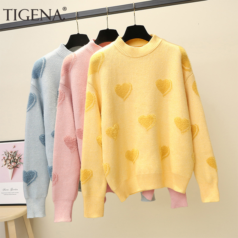 TIGENA Heart Pattern Knit Pullover Sweater Women Jumper 2019 Winter Korean Kawaii Cute Long Sleeve Fluffy Sweater Female Yellow LY191210