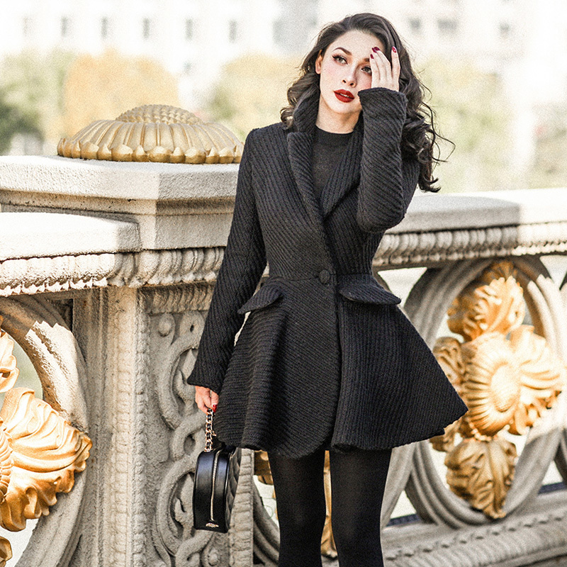 40-vintage women classy 50s pinup wool long swing coat in black plus size elegant jacket abrigo mujer mont kaban 201102