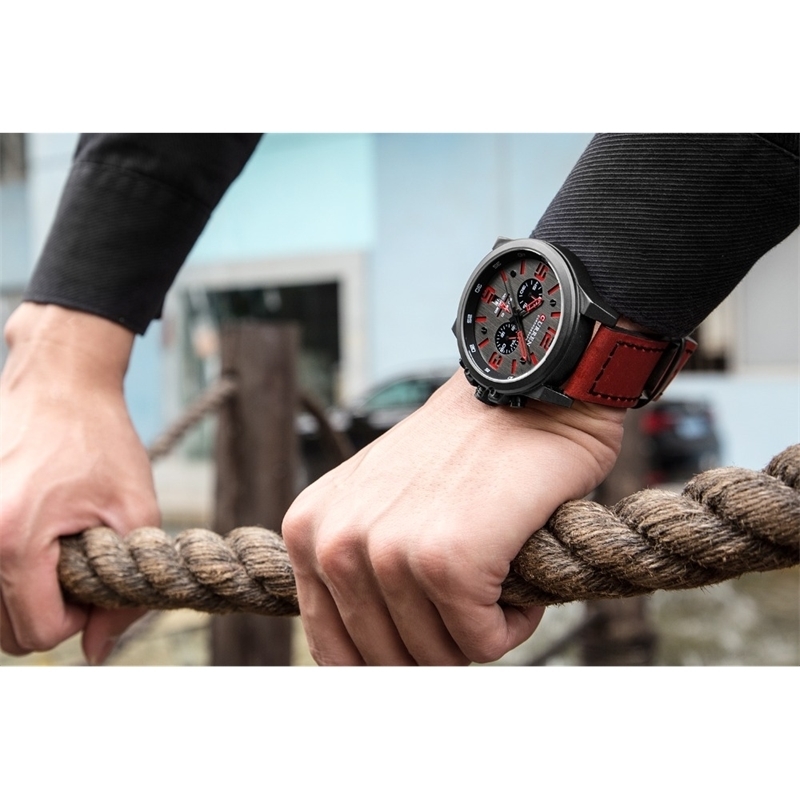 Reloj Hombre Casual Quartz Watches For Men CURREN Fashion Red Leather Sports Men Wristwatch Chronograph Male Watch LJ201119