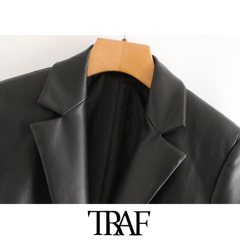 TRAF Women Fashion Faux Leather Cropped Blazers Coat Vintage Notched Collar Long Sleeve Female Outerwear Chic Tops 201114