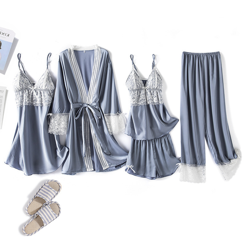 MECHCITIZ Spring Silk Pajamas Sets 5 Piece Pyjamas Sexy Sleepwear Robe Sleep Lounge Winter Pijama Lace Night Home Clothing 210203
