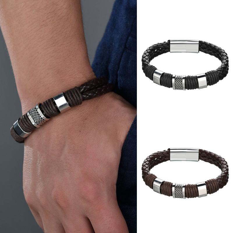 Men Boys Alloy Leather Braided Clasp Bracelet Bangle Jewelry Gifts@88