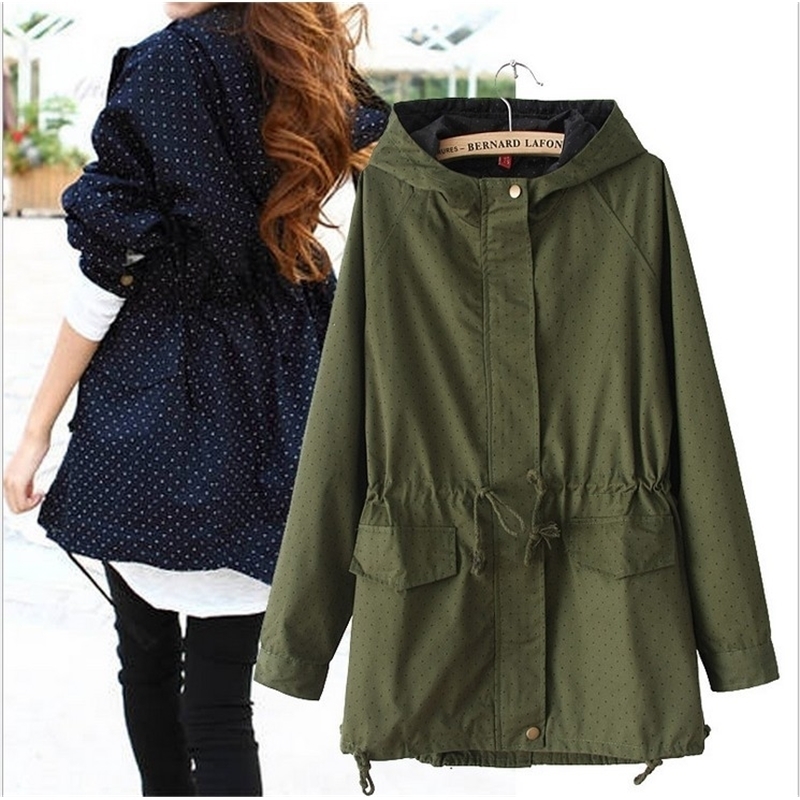 European style Spring Autumn women polka dots drawstring hooded trench, female fashion plus size loose casual windbreaker coat 201031