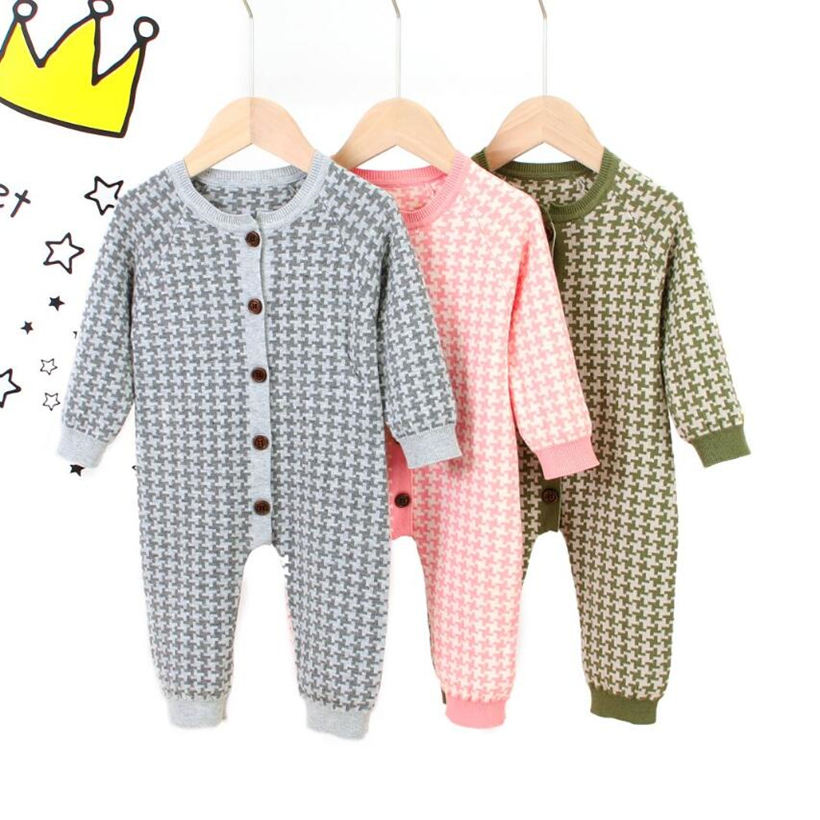 Knitted Newborn Baby Clothes Cotton Autumn Winter Baby Romper With Plaid Hat Infant Toddler Jumpsuit For Girls Boys Onesie Set 201023