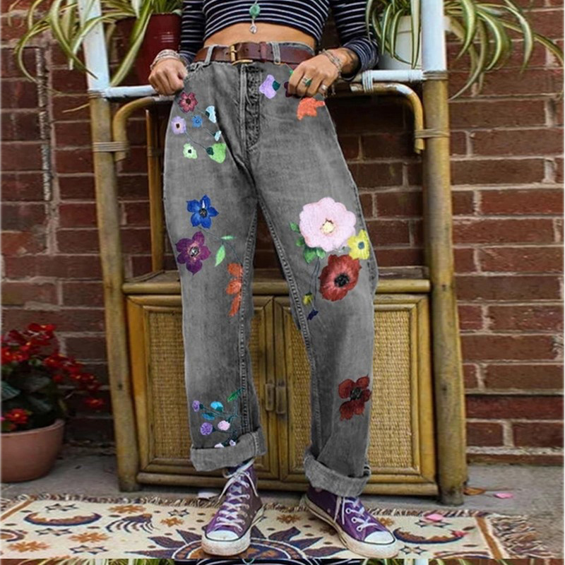 Women's fashion printed flowers jeans thin washed denim trousers casual full length pants large size S5XL 201105