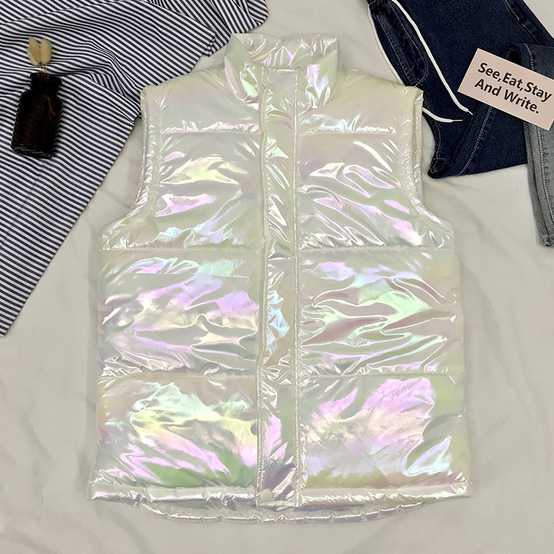 New Winter Thick Vest Men Doudoune Gilet Colorful Luminous Fabric Warm Padded Waistcoat Sleeveless Jacket Coat Blue White 201216