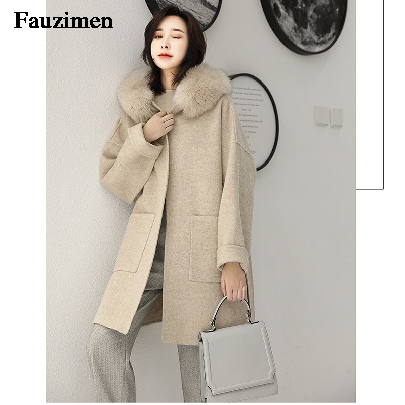 Cashmere Jacket Women Ladies Hand Made Women Fox Fur Collar Wool Coat Casual Winter Wool Jacket Woolen Overcoat Cashmere Coat 201217