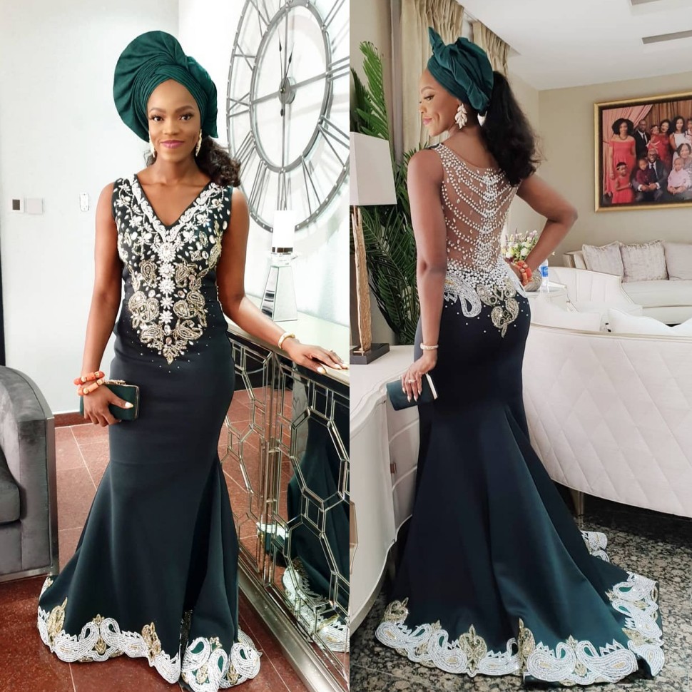 Mermaid Beading Stunning Prom Dresses Appliqued V Neck African Evening Gowns See Through Back Satin Sweep Train Formal Dress