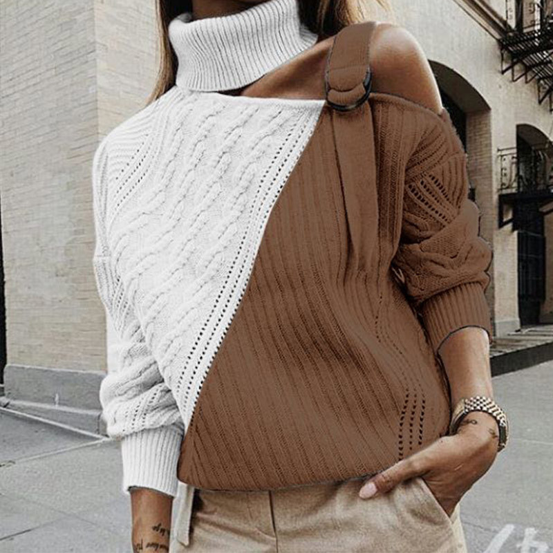 Women's Off Shoulder Turtleneck Sweater Pullovers Hollow Out Knitted Twisted Sweaters Woman 2020 Autumn Winter Pullover Ladies T200101