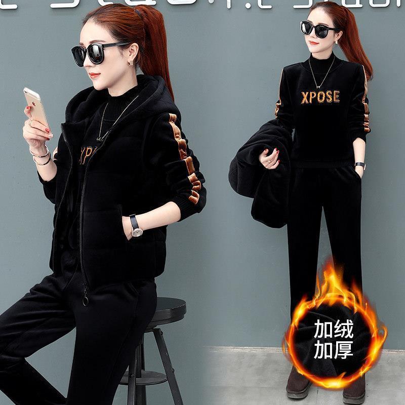 Plus size thicken zip vest sweatsuit tops pants 3 piece suit casual letter embroidery velvet tracksuit solid striped warm outfit 201119