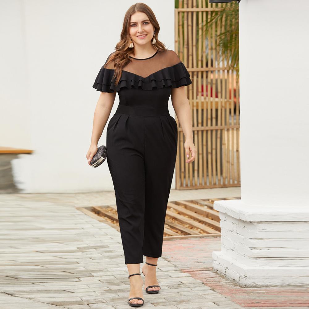 Women's Plus Size 4XL Mesh Stitching Ruffled Short-Sleeved Small Feet Jumpsuit ladies office black long pants elegant pocket T200608