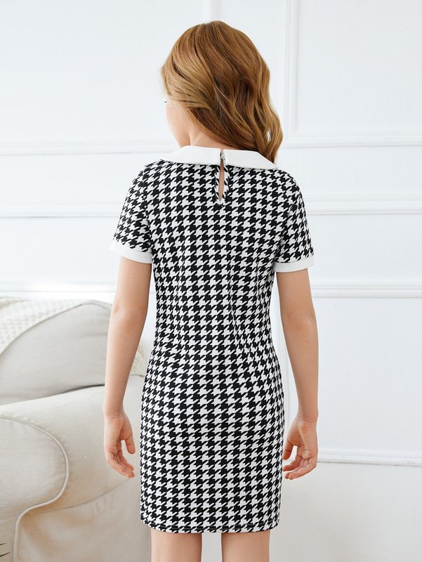 Girls Keyhole Back Houndstooth Print Fitted Dress SHE