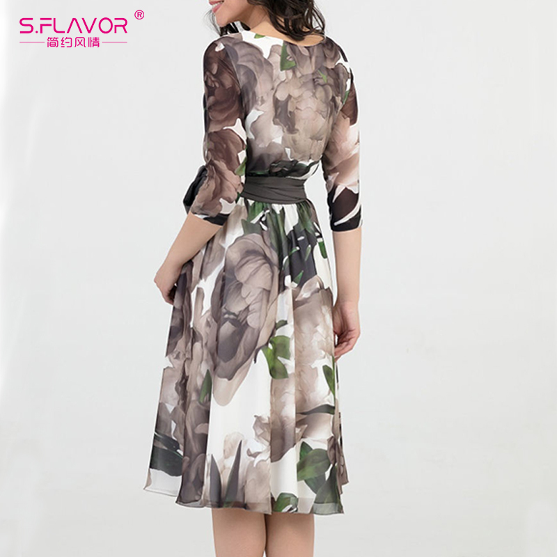 S.FLAVOR Round Neck A-Line Fit And Flare Autumn Dress 3/4 Sleeve Floral Print Chiffon Dress Winter Women Casual Midi Dress 201030