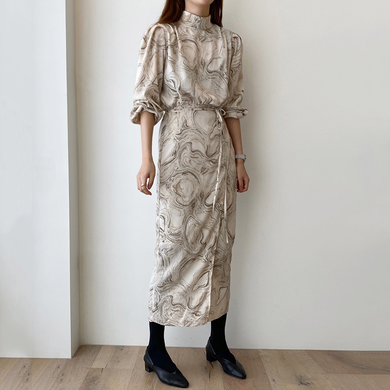 Korean Elegant Stand Collar Runway Dress Women Long Sleeve Spring Robe Dresses Vintage Print Maix Vestidos 210519