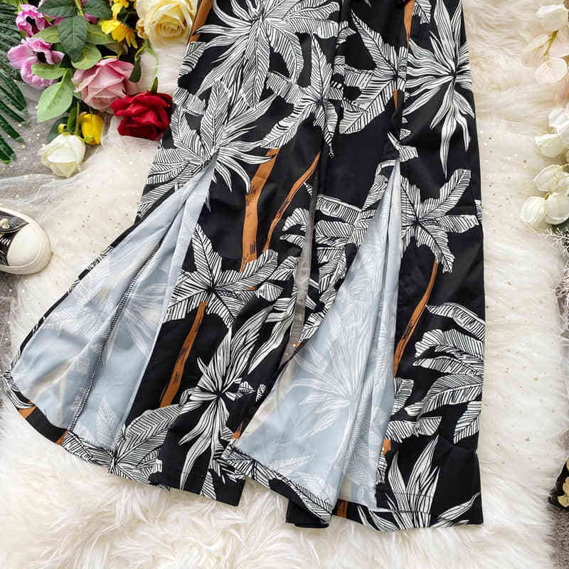 Vacation Style Split High Waist Wide Leg Pants Woman Bohemian Loose Fit Summer Trousers Ladies Lace-Up Printed Trousers Women T200422