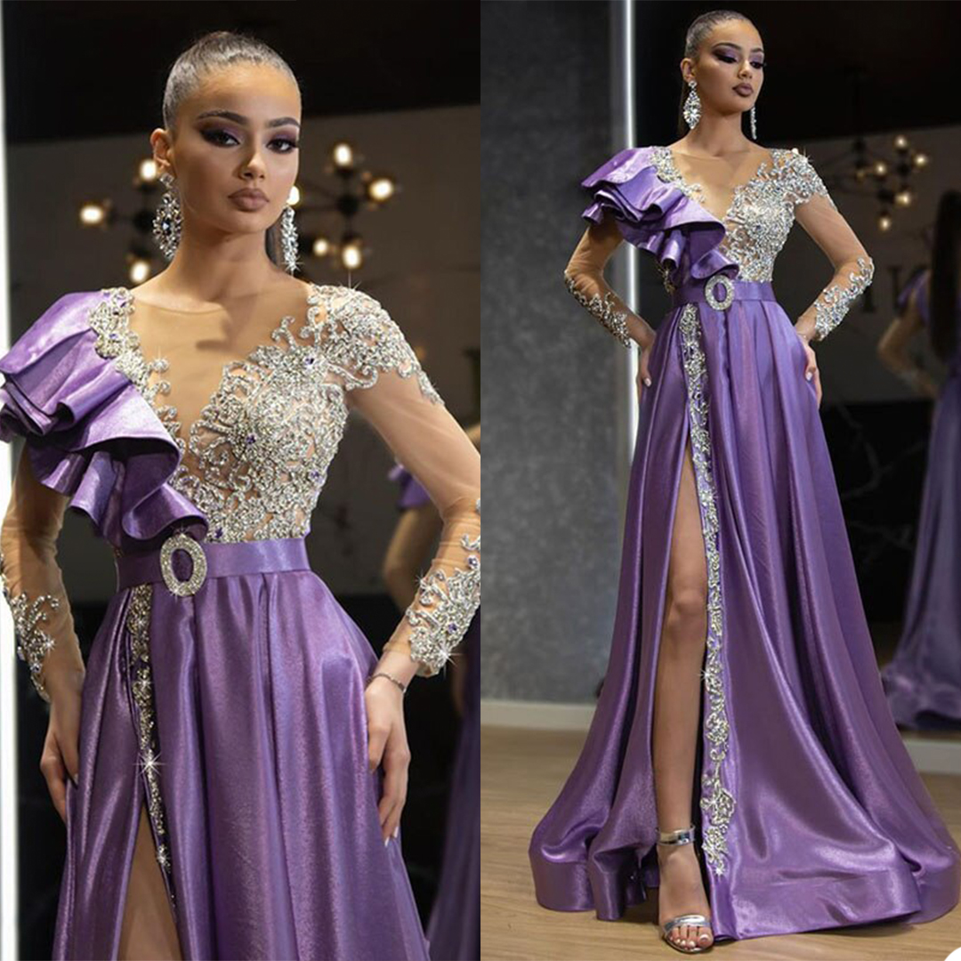 Luxury Dubai Arabia Prom Dresses Crystal Beads Appliqued Long Sleeves Evening Dresses Ruched Satin Custom Made Formal Pageant Gown