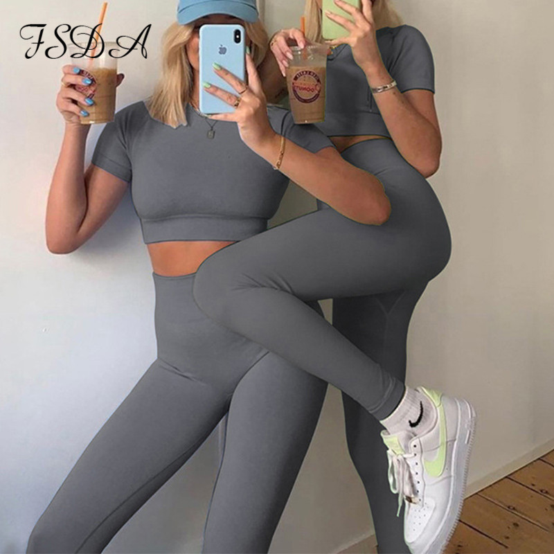 FSDA Summer Sport Set Women Short Sleeve Crop Top Reflective And Long Pants Tracksuit Two Piece Sets Streetwear Outfit 201104