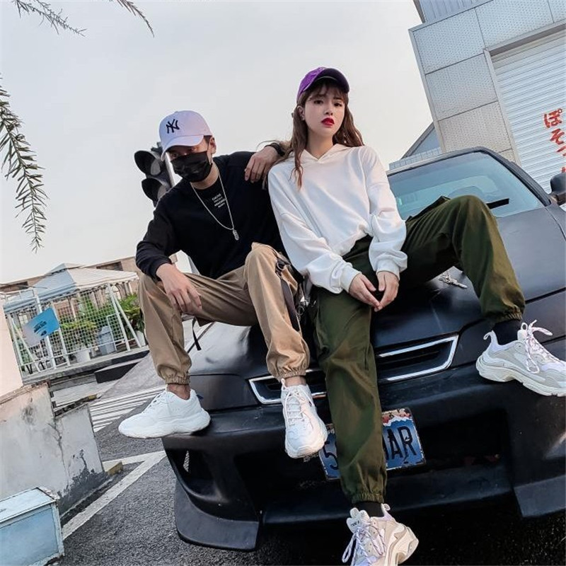 Women Men Cargo Pants Harajuku Chain Pockets Ankle Trousers High Waist Hiphop Safari Style Harem Streetwear 201109