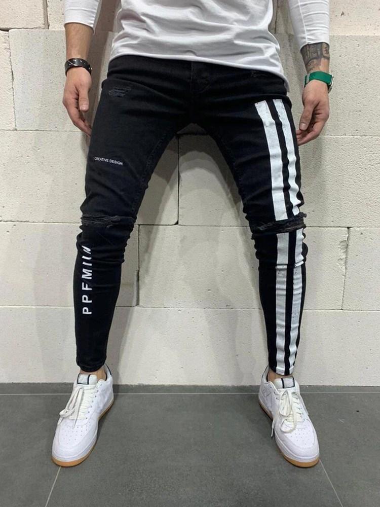 Jeans Men Skinny Striped Zipper Denim Hole Wash Vintage Hip Hop Work Trousers Slim Printed jeans European Big Size men clothing