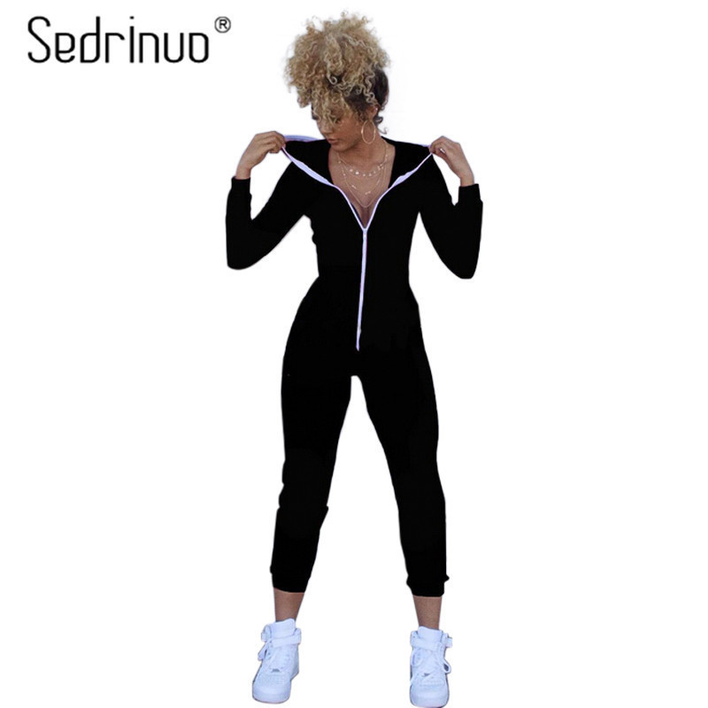 2017 Casual Women Outfits Jumpsuits Long Sleeve Bodycon Front Zipper Hooded Long Pants Sexy BlackRed Rompers Playsuit T200509