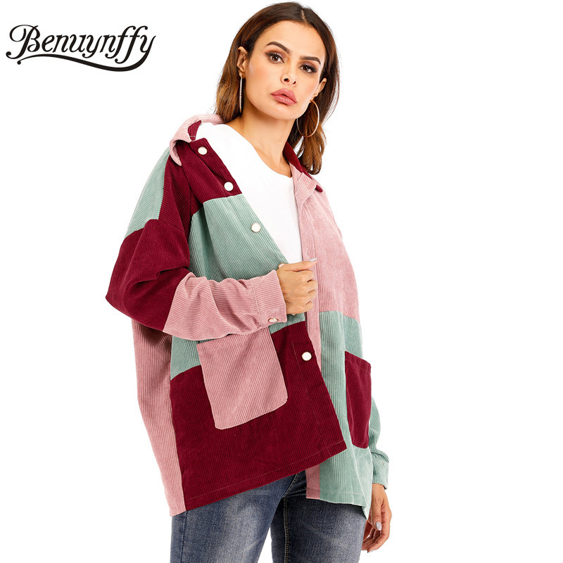 Benuynffy Mixed Pocket Front Color Block Women Corduroy Jacket Autumn Casual Lapel Single Breasted Coat Outerwear Tops Female 201017
