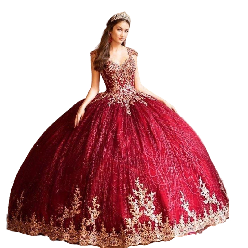 Luxury Burgundy Sequined Ball Gown Quinceanera Dresses 2022 Gold Lace Appliques Beaded Open Back Sweet 16 Dress Prom Pageant Gowns Glitter Vestidos De