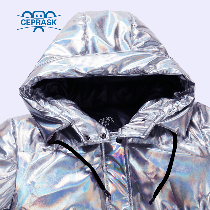 CEPRASK Winter Jacket Women Silver Holographic Glitter Plus Size Long Women's Winter Coat Hooded Thick Down Jacket Parka 201214
